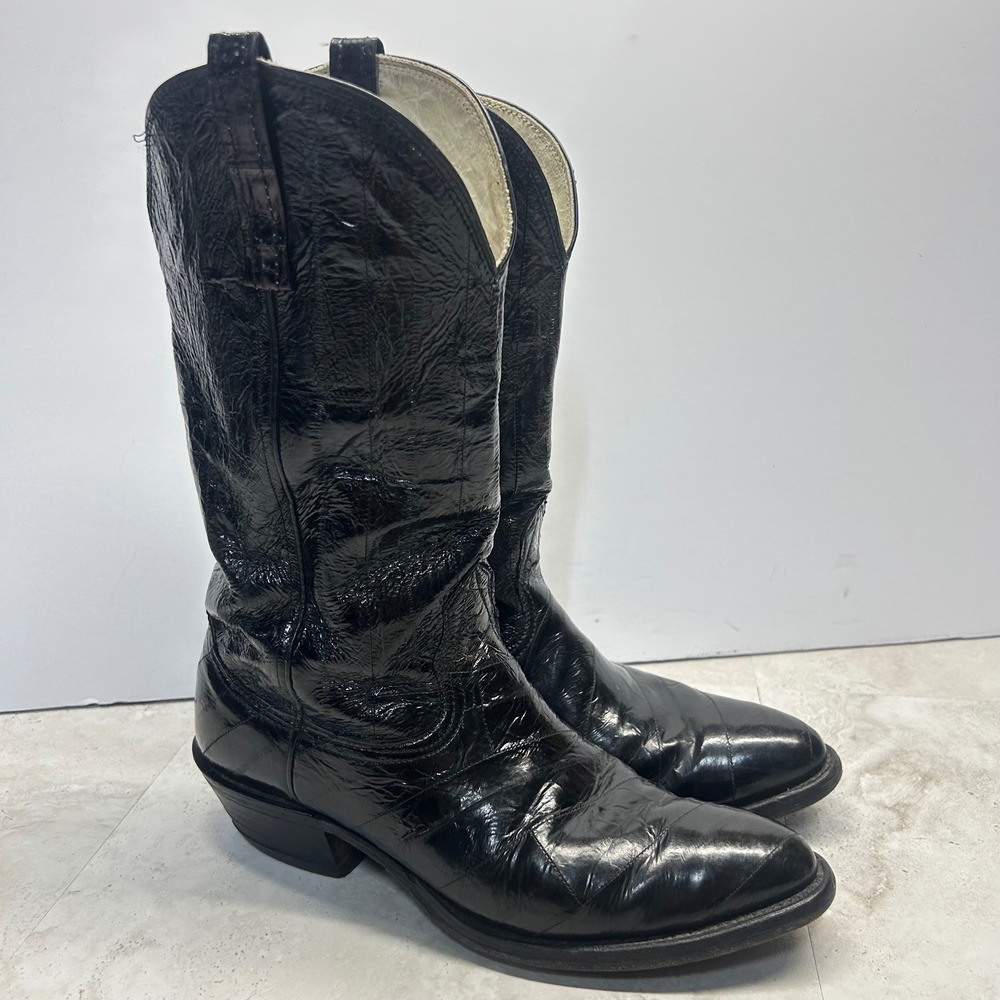 Nocona Vintage Eel Skin Cowboy Boots Black Mens 7 D Western 70s Exotic Leather